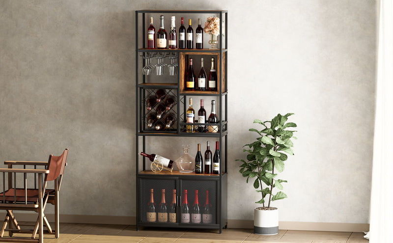 Industrial Tall Black Bar Wine Rack Cabinet With Glass Holder Wood Home Bar Cabinet - Walnut / Black