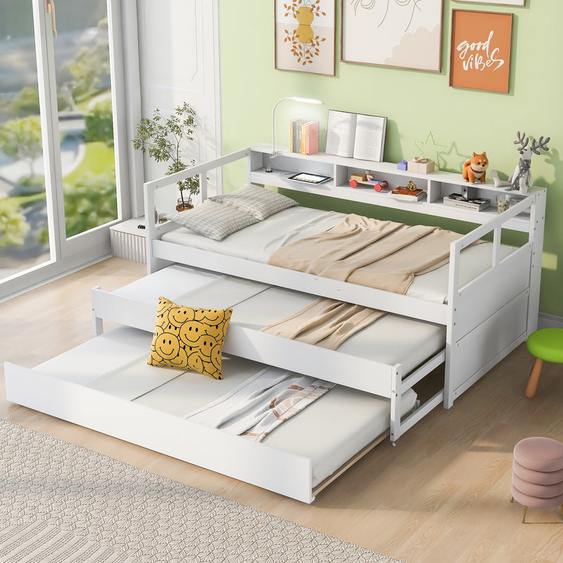 Twin XL Wood Daybed with 2 Trundles, 3 Storage Cubbies, 1 Light for Free and USB Charging Design, White