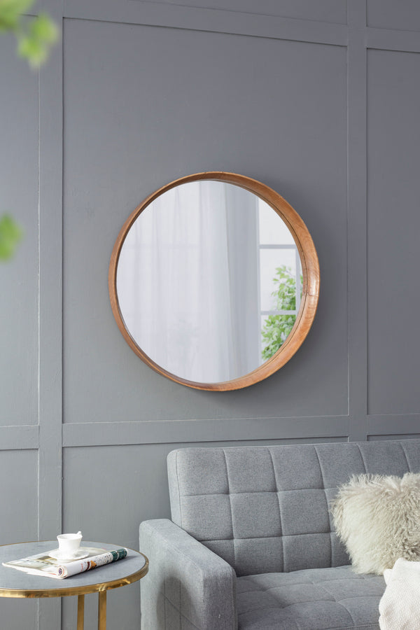 Round Pine Wood Mirror, Wall Mounted Mirror Home Decor For Bathroom Living Room - Brown