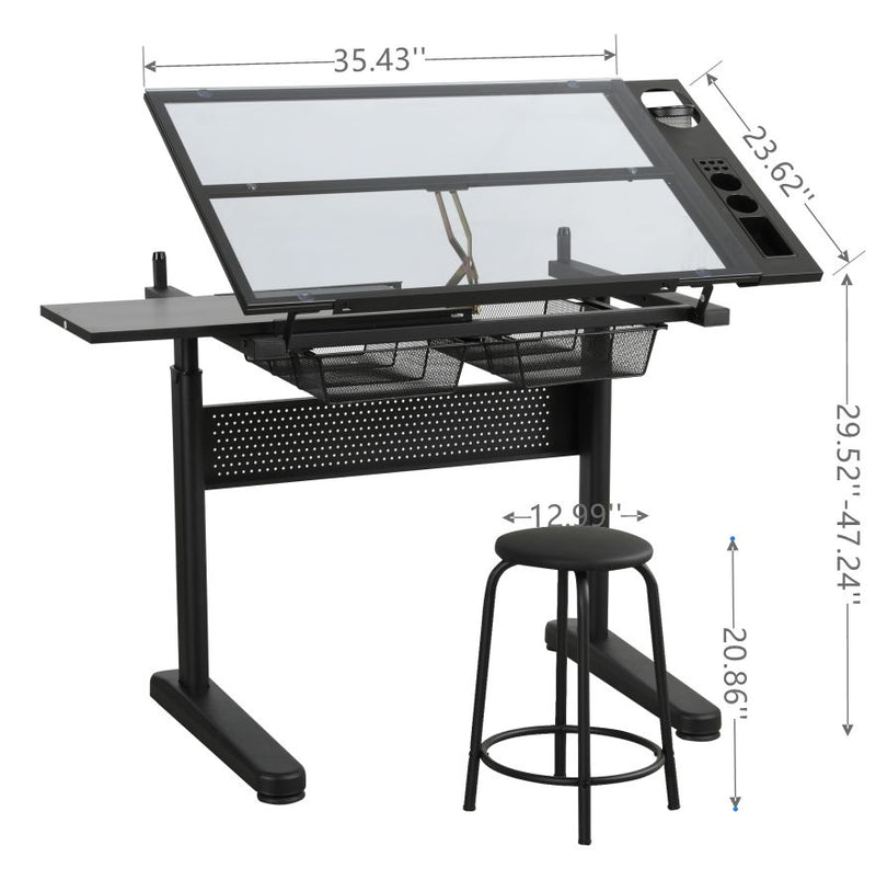 Hand Crank Adjustable Drafting Table Drawing Desk With 2 Metal Drawers With Stool - Black