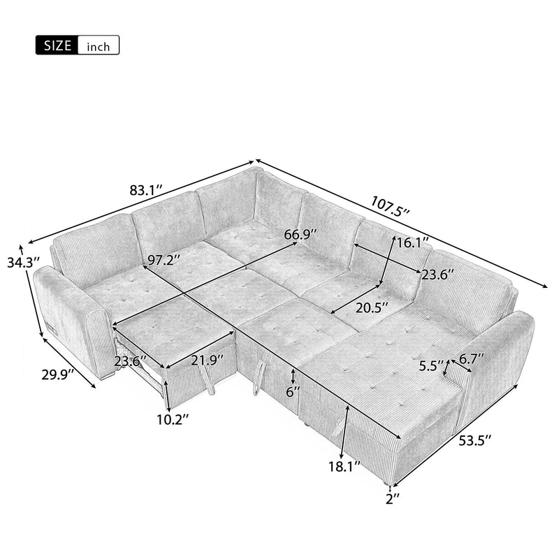 U-Shaped Sofa Sectional Sofa Pull-Out Sofa Bed With A Storage Chaise Lounge, Charging Devices For Living Room - Gray