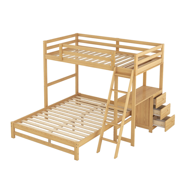 Twin over Full Bunk Bed with Built-in Desk and Three Drawers,Natural