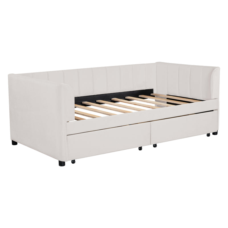 Twin Size Upholstered Daybed with Ergonomic Design Backrest and 2 Drawers, Beige