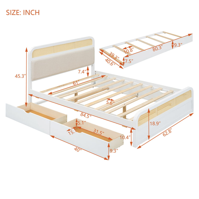 Wooden Platform Bed With Trundle And 2 Drawers