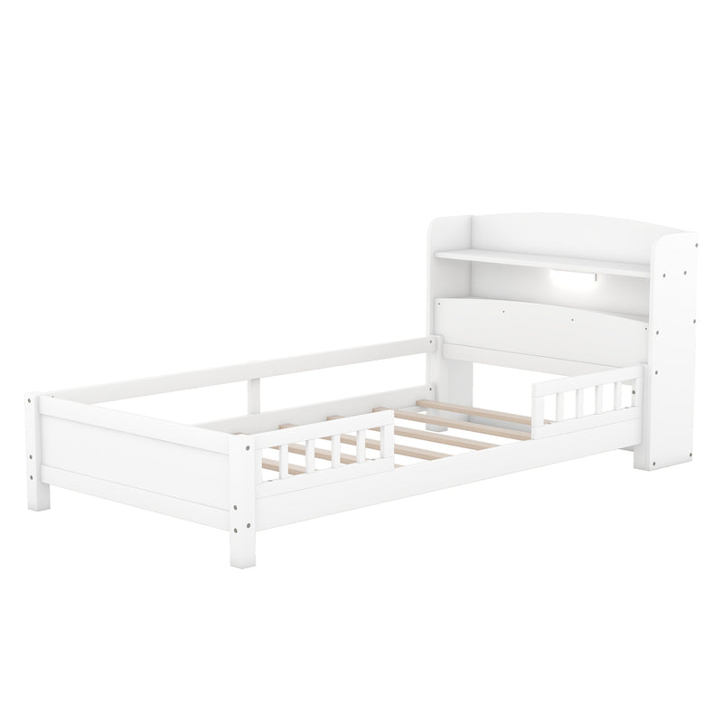 Wood Twin Size Platform Bed with Built-in LED Light, Storage Headboard and Guardrail, White