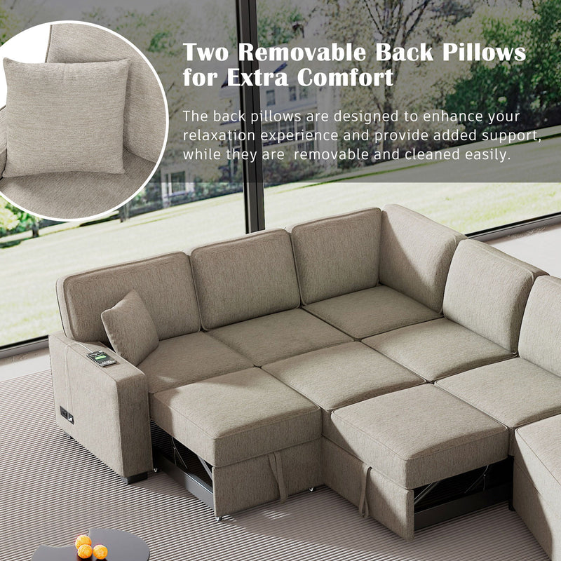 L-Shaped Sofa Sectional Sofa Couch Pull-Out Sofa Bed With Charging Devices And Cup Holders For Living Room