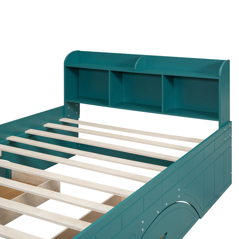 Wood Full Size Platform Bed with 2 Drawers, Storage  Headboard and Footboard, Dark Green