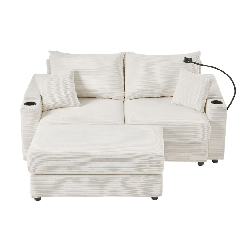 Modern Style Loveseat Sofa Sectional Sofa Couch With Storage Space, A Movable Ottoman, Two USB Ports, Two Cup Holders, A Phone Holder For Living Room