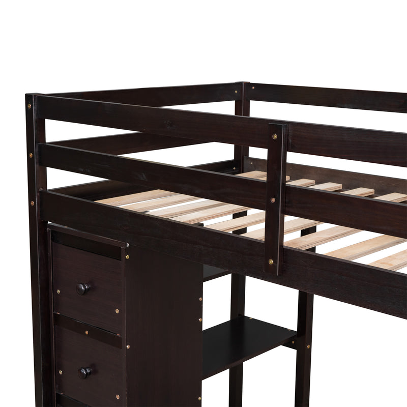 Twin size Loft Bed with Storage Drawers ,Desk and Stairs, Wooden Loft Bed with Shelves - Espresso