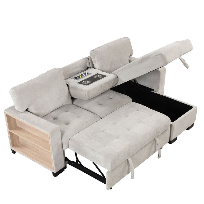 Stylish And Functional Light Chaise Lounge Sectional With Storage Rack Pull-Out Bed Drop Down Table And USB Charger