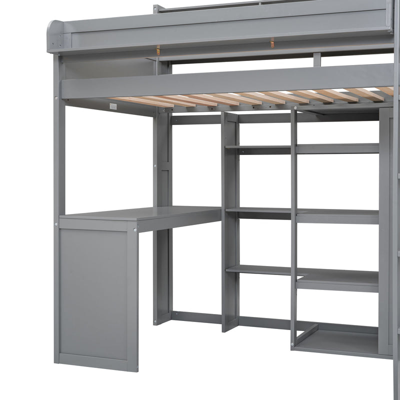 Wood Twin Size Loft bed with Multiple Storage Shelves and Wardrobe, Gray