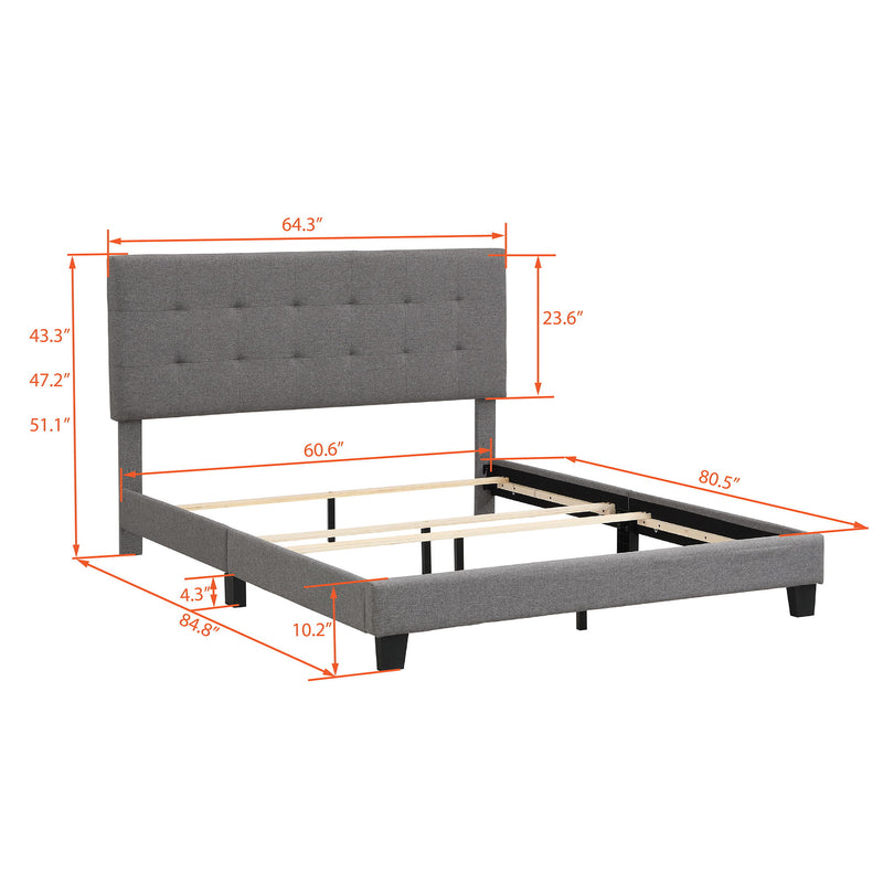 Queen Size Upholstered Platform Bed With Tufted Headboard, No Box Spring Needed - Gray