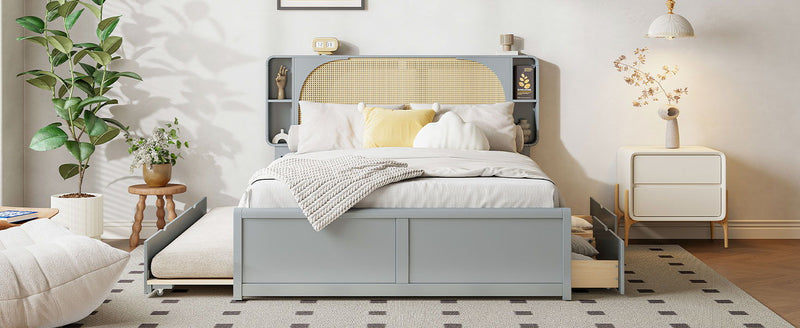 Queen Size Rattan Headboard Bed With Two Drawers And Trundle - Gray