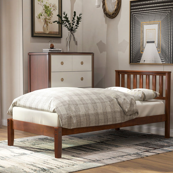 Twin Platform Bed With Headboard / Wood Slat Support - Walnut