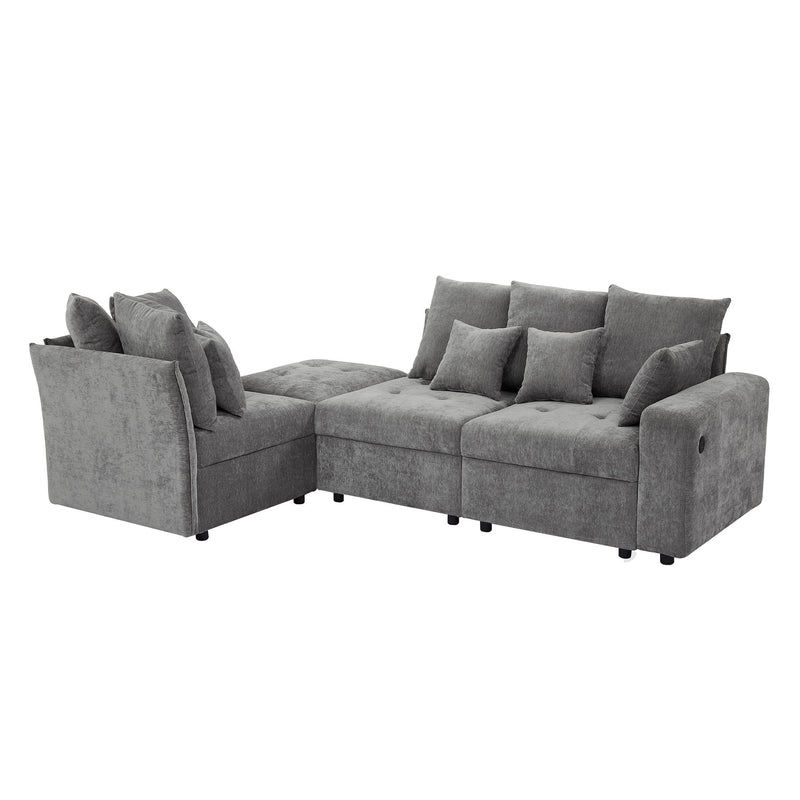 Sectional Sofa Modular Sofa Couch With Three USB Ports, A Removable Storage Ottoman And Five Back Pillows For Living Room