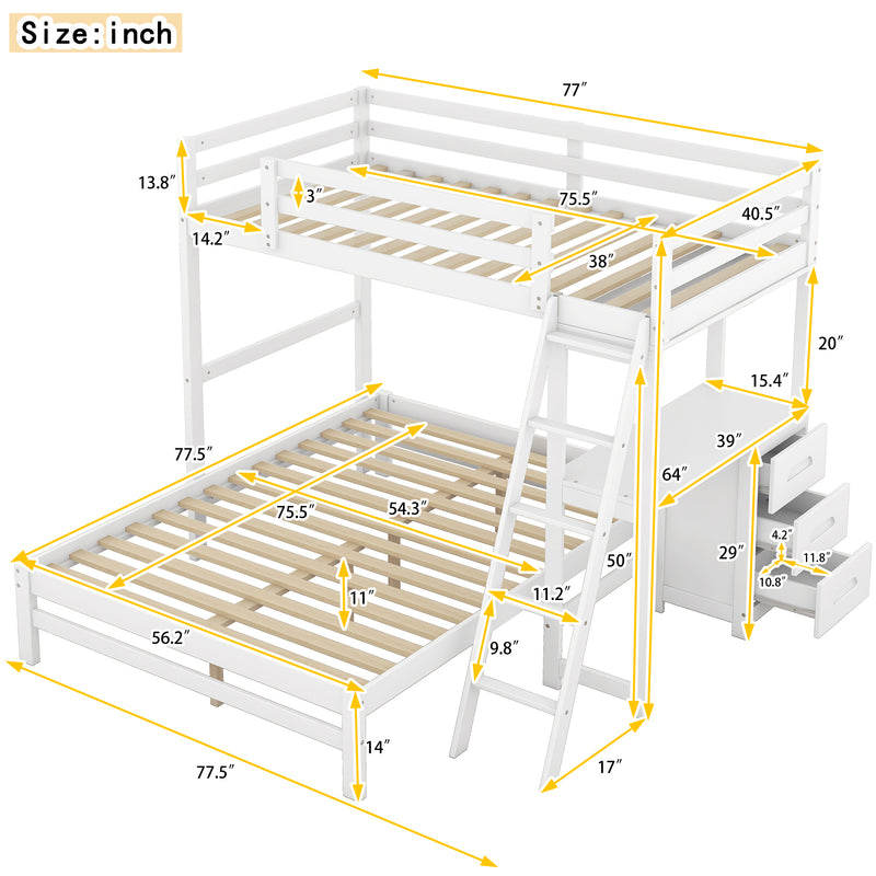 Twin over Full Bunk Bed with Built-in Desk and Three Drawers,White