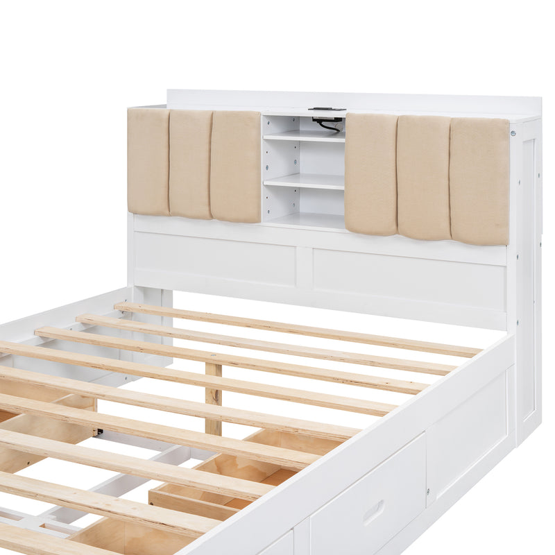 Wood Full Size Platform Bed with Storage Headboard and 4 Drawers, White