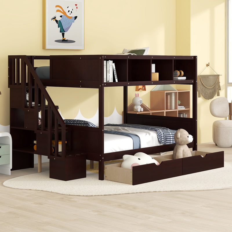 Twin over Full Bunk Bed with Shelfs, Storage Staircase and 2 Drawers, Espresso