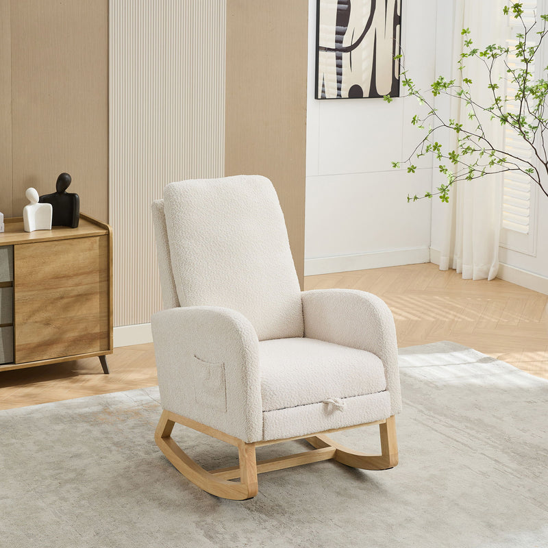 Rocking Chair For Nursery, High Back Glider Chair With Retractable Footrest, Side Pocket, Rocking Accent Armchair With Rubber Wood Legs For Living Room / Bedroom