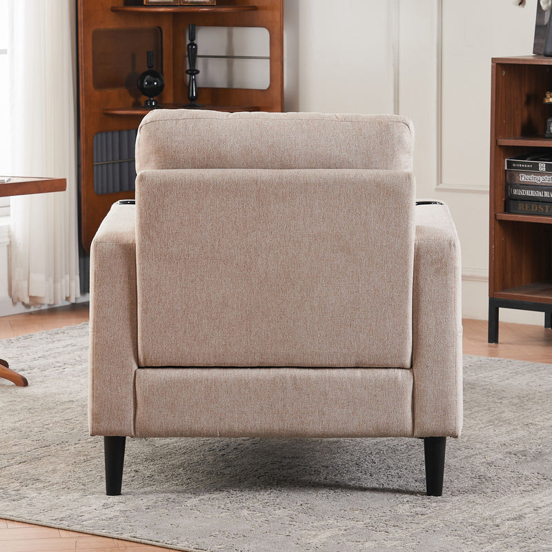 Beige Upholstered Armchair And Storage Ottoman Set, Comfortable Single Sofa With Cup Holders And Tufted Detailing, Ideal For Living Room Or Bedroom - Beige