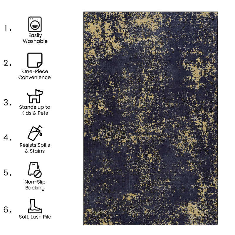 5' x 8' Area Rug For Bedroom, Washable Rug, Low-Pile, Non-Slip, Non-Shedding, Foldable, Kid & Pet Friendly Area Rugs For Living Room, Bedroom, Kitchen, Dining Room, Wedding Gift - Black / Gold