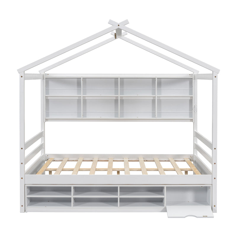 Full House Bed With Roof Frame, Bedside-Shelves, Under Bed Storage Unit - White