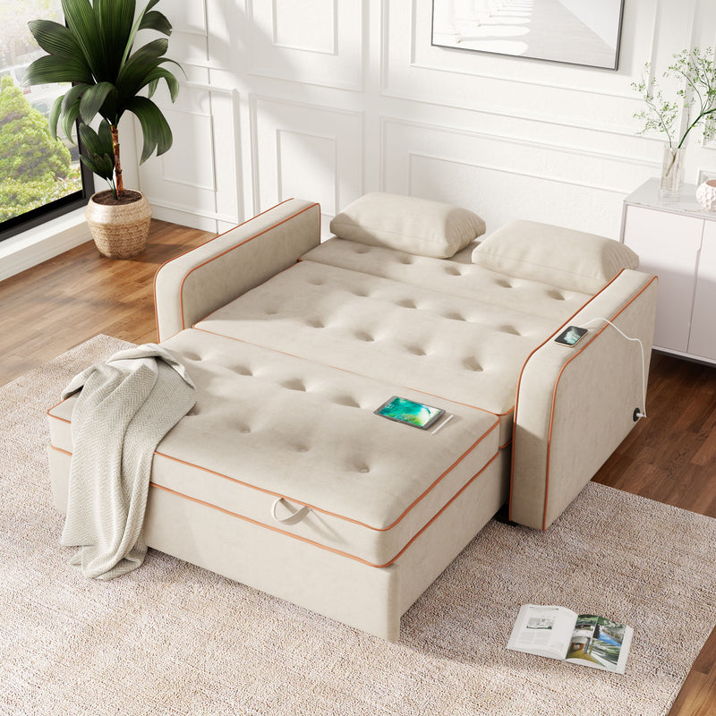 Velvet Upholstered Sleeper Bed, Pull Out Sofa Bed Couch Attached Two Throw Pillows, Dual USB Charging Port And Adjustable Backrest For Living Room Space - Light Beige