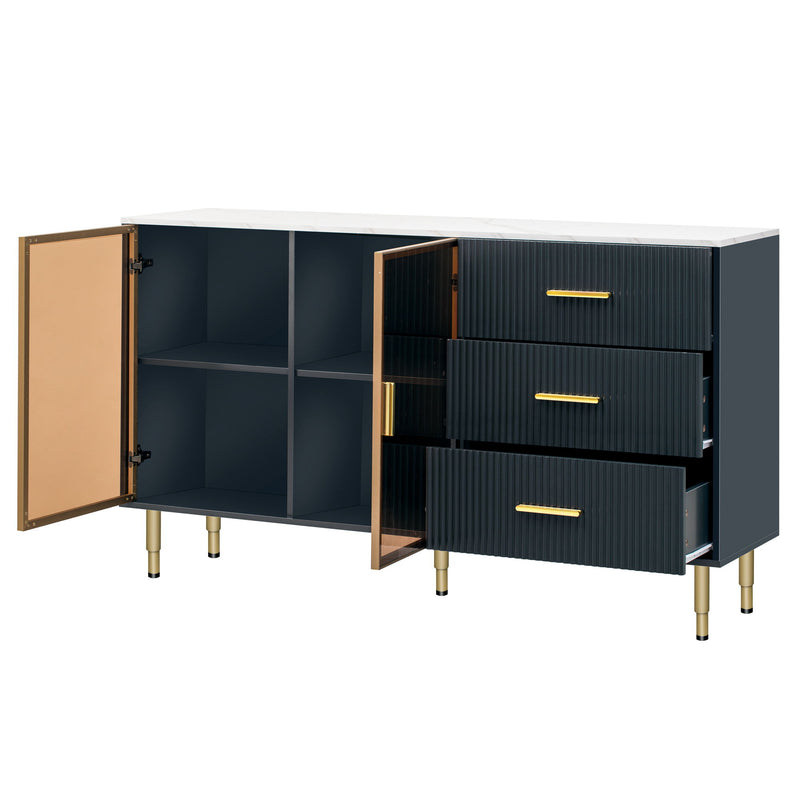 Modern Sideboard Buffet Cabinet Marble Sticker Tabletop And Amber-Yellow Tempered Glass Doors With Gold Metal Legs & Handles