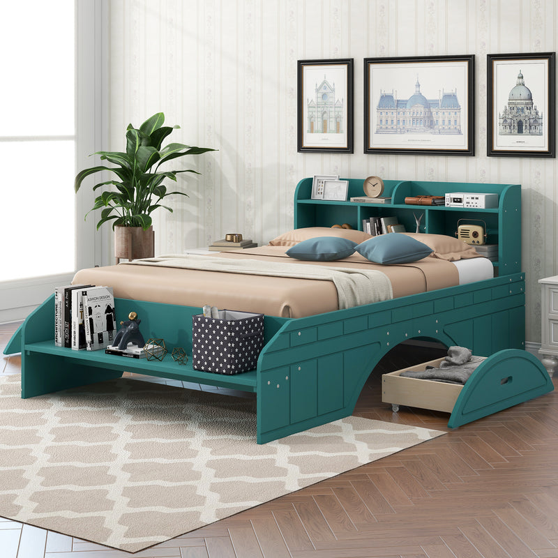 Wood Full Size Platform Bed with 2 Drawers, Storage  Headboard and Footboard, Dark Green