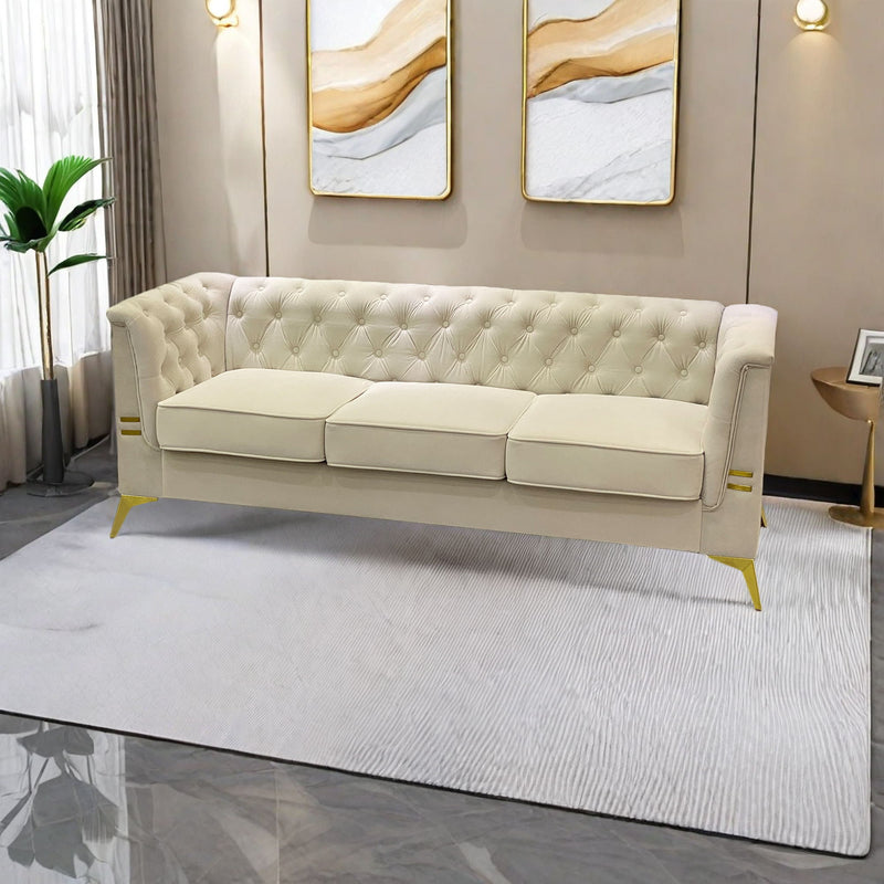 FX-P83-CW (Sofa) Modern Velvet Living Room Chesterfield Design Sofa - Beige