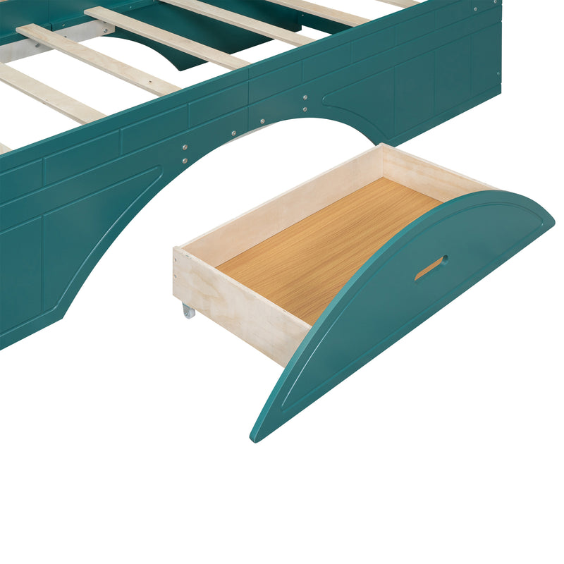 Wood Twin Size Platform Bed with 2 Drawers, Storage  Headboard and Footboard, Dark Green