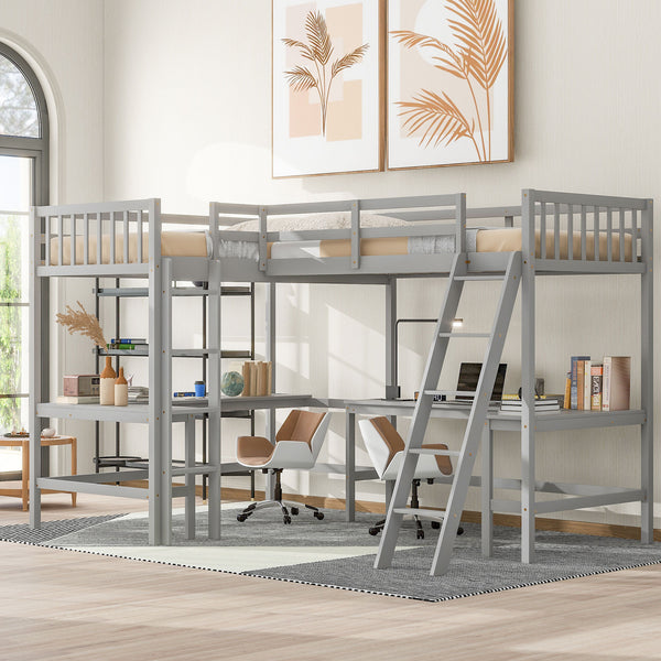 Wood Twin Size L-Shaped Loft Bed with Ladder and 2 Built-in L-Shaped Desks, Gray