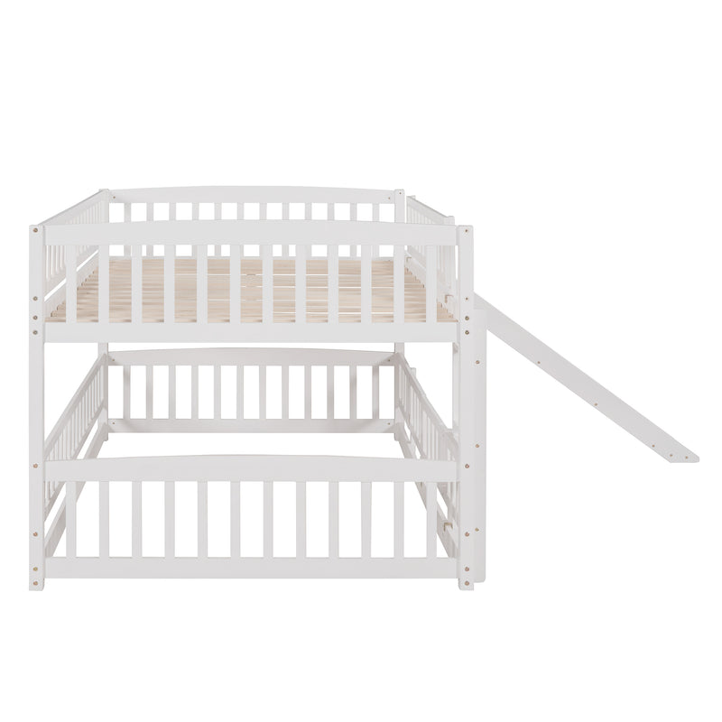 Bunk Bed with Slide,Full Over Full Low Bunk Bed with Fence and Ladder for Toddler Kids Teens White