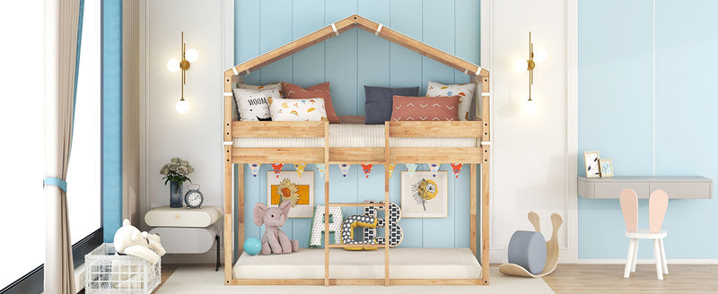 Twin Over Twin Bunk Bed Wood Bed with Tent, Natural