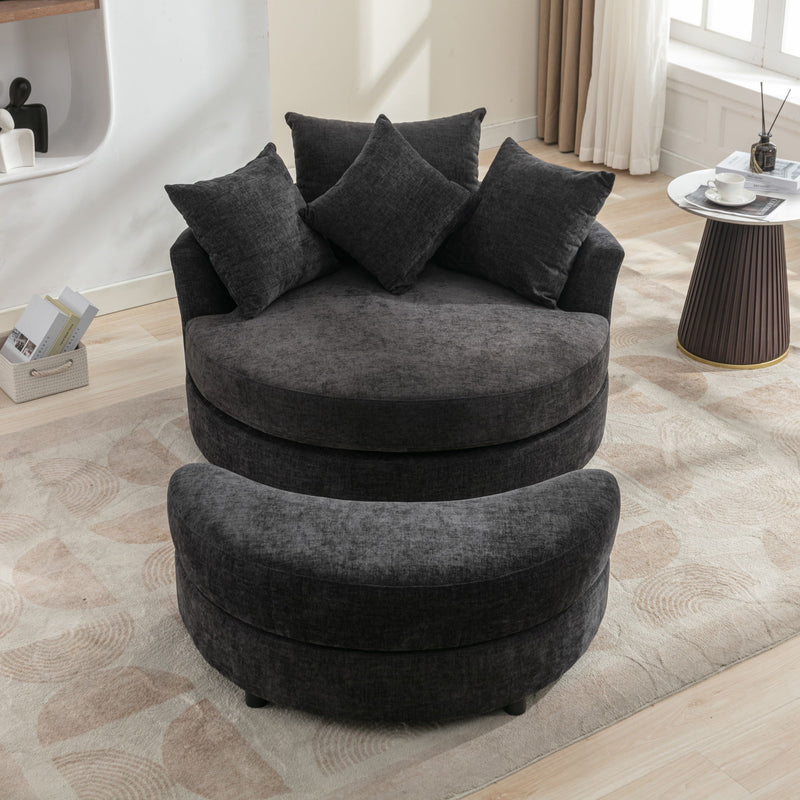 360° Swivel Accent Barrel Chair With Storage Ottoman & 4 Pillows, Modern Chenille Leisure Chair Round Accent For Living Room