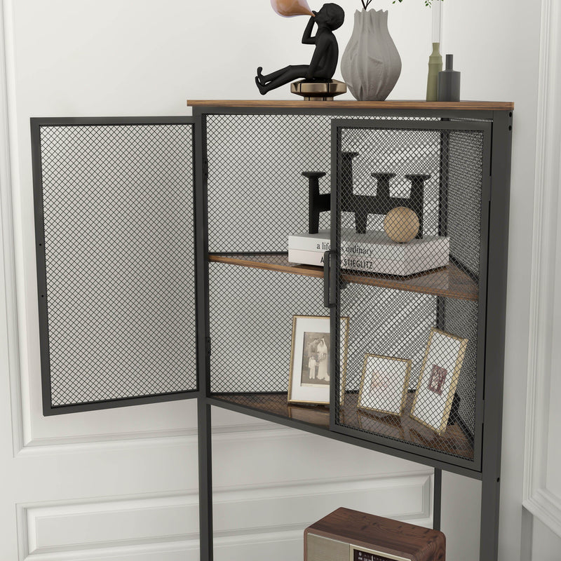 5 Tier Shelves With Metal Mesh Door, Bookcase Storage Shelf Corner Shelf For Small Space, Living Room - Black / Brown