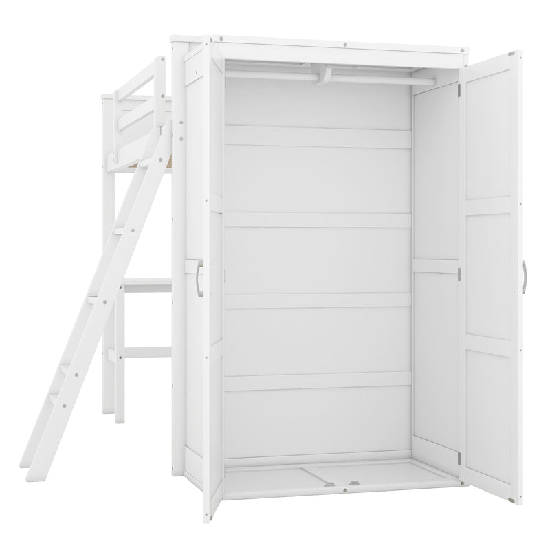 Twin size Loft Bed with Desk, Shelves and Wardrobe-White