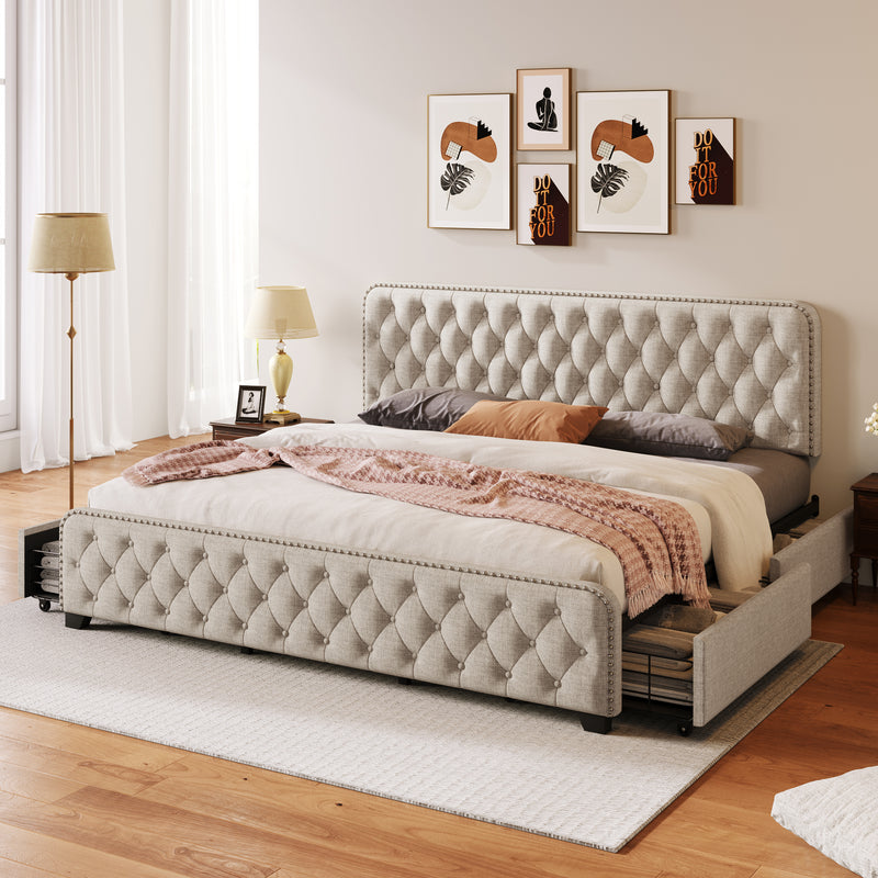 Upholstered Platform Bed Frame with Four Drawers, Button Tufted Headboard and Footboard Sturdy Metal Support, No Box Spring Required, Beige, King (Old sku:BS300277AAA)