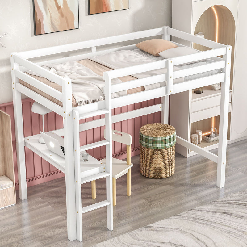 Twin Loft Bed With Built-In Desk - White