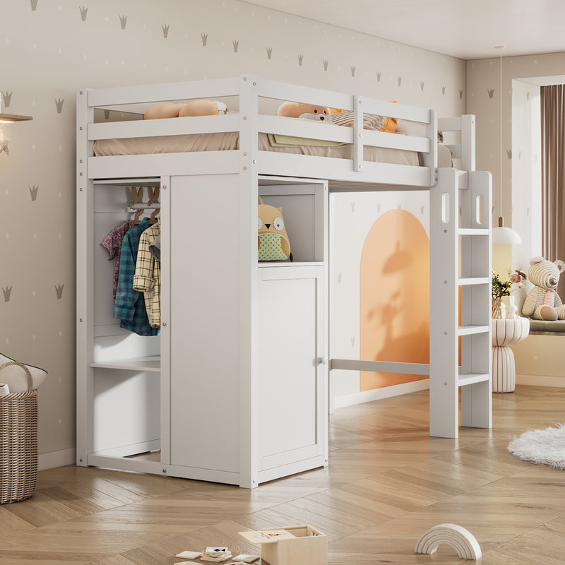 Twin Loft Bed with Wardrobe, Storage Shelves and Ladder, White