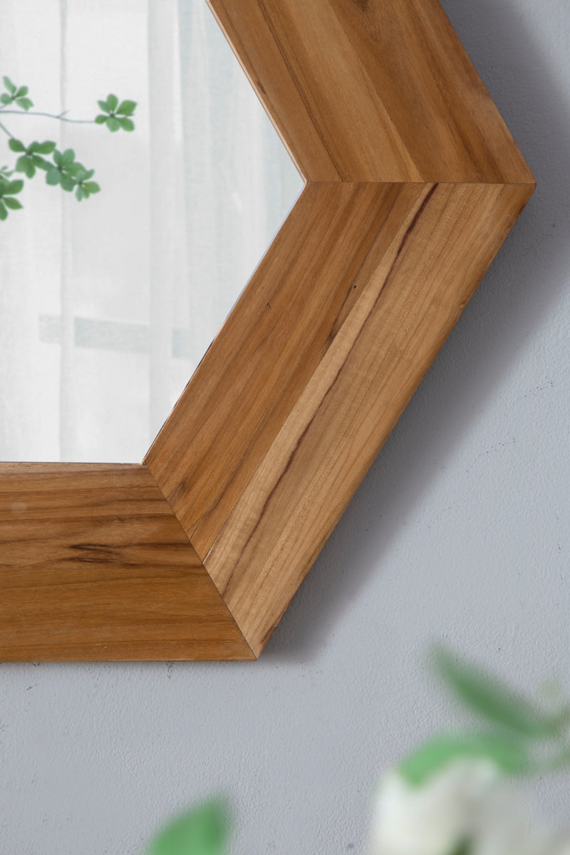 Hexagon Mirror With Natural Wood Frame, Wall Decor For Living Room Bathroom Hallway