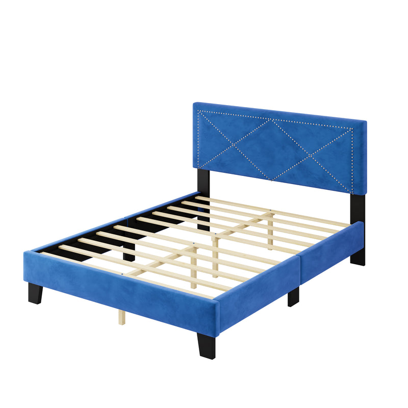 Simple Queen Size Upholstered Bed Frame with Rivet Design, Modern Velvet Platform Bed with headboard, Blue