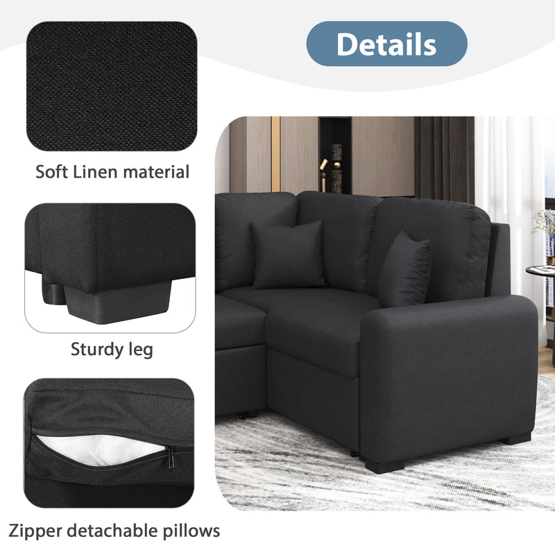 Sectional Sleeper Sofa With USB Charging Port And Plug Outlet, Pull-Out Sofa Bed With 3 Pillows, L-Shape Chaise For Living Room Small Apartment