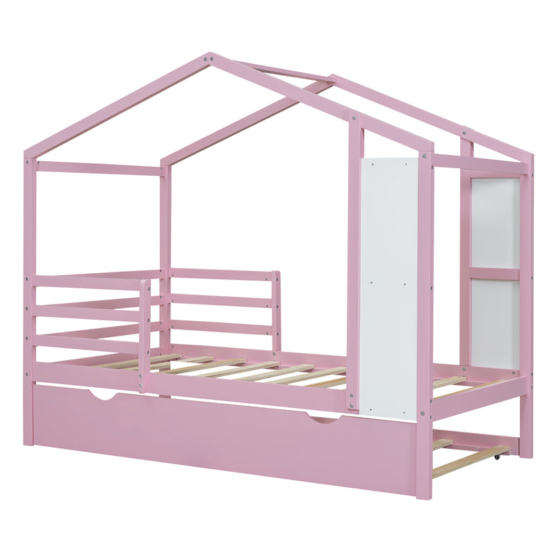 Twin Size Wood House Bed with Fence and Writing Board,Pink