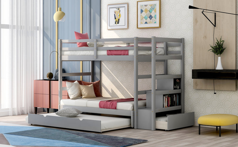 Twin over Twin/King (Irregular King Size) Bunk Bed with Twin Size Trundle, Extendable Bunk Bed   (Gray)(OLD SKU :LP000032AAE)