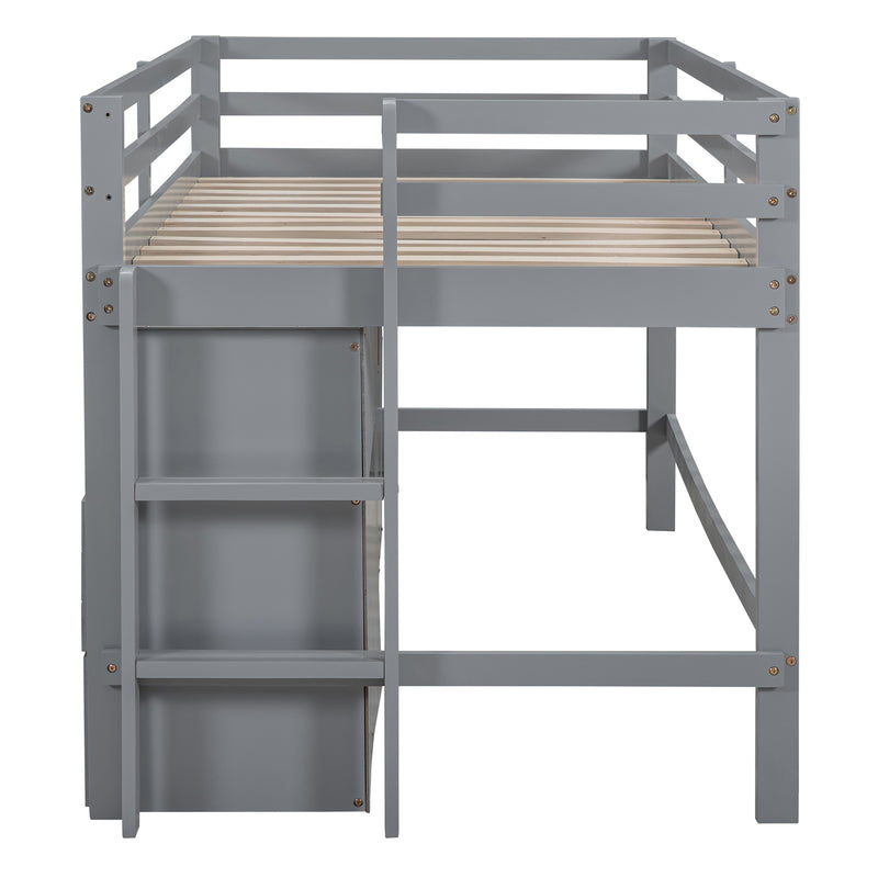 Twin Size Loft Bed with 4 Drawers, Underneath Cabinet and Shelves, Gray