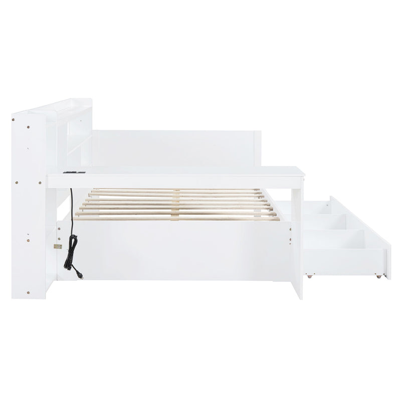 Full Size Wooden Daybed With 3 Drawers, USB Ports And Desk - White