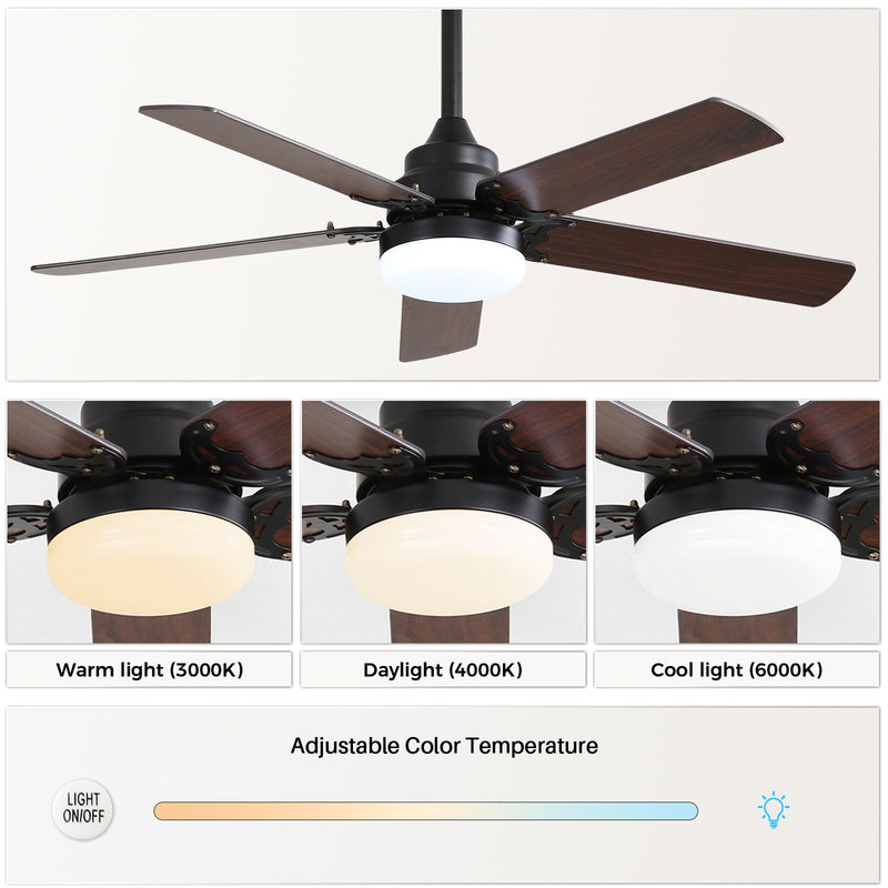 Modern Ceiling Fan With 3 Color Dimmable Light 5 Blades Remote Control Reversible Dc Motor For Bedroom - Black