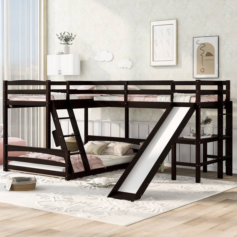 Twin over Full Bunk Bed with Twin Size Loft Bed with Desk and Slide,Full-Length Guardrail, Espresso