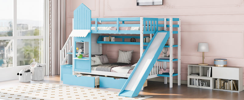 Twin-Over-Twin Castle Style Bunk Bed with 2 Drawers 3 Shelves and Slide - Blue